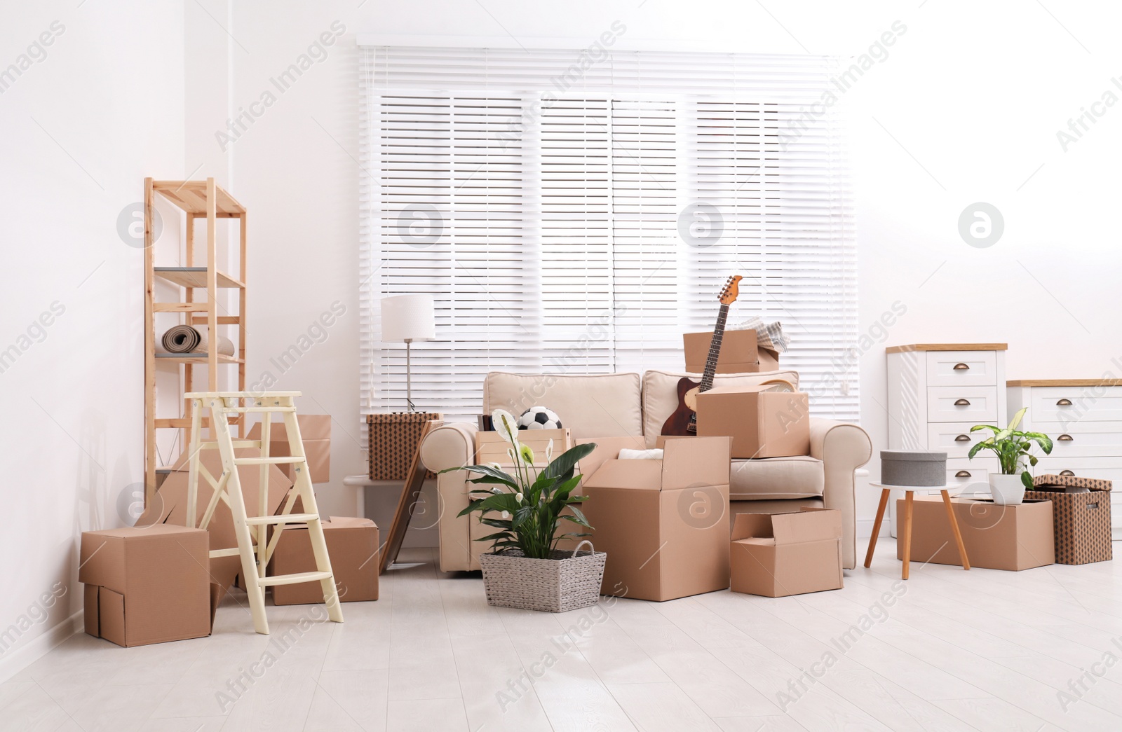 Photo of Cardboard boxes and household stuff in living room. Moving day