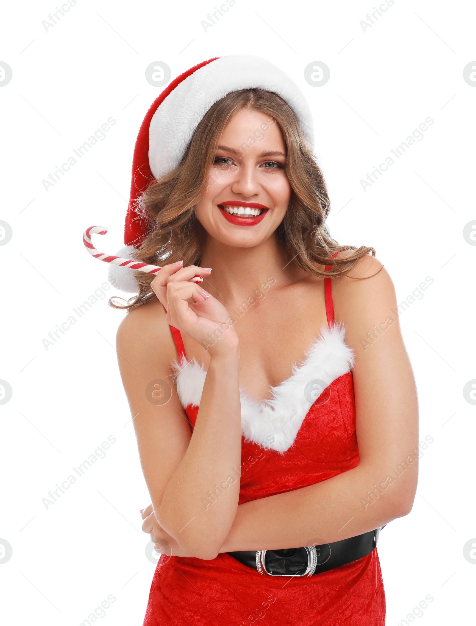 Photo of Beautiful Santa girl with candy cane on white background. Christmas celebration