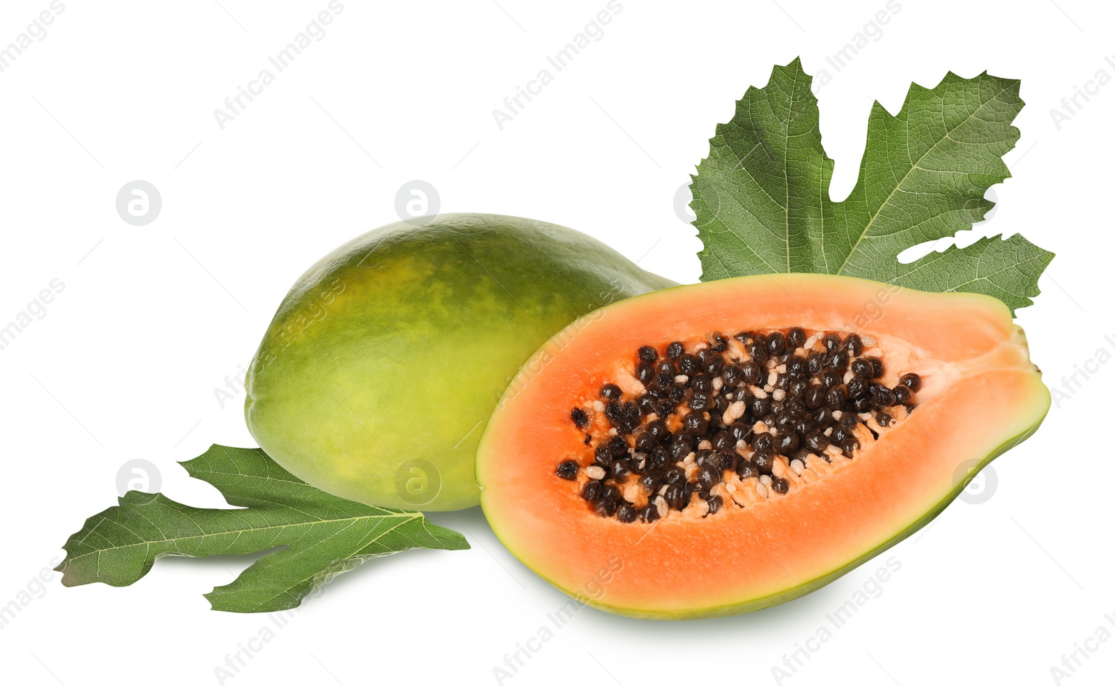 Image of Fresh ripe papaya fruits and green leaves on white background