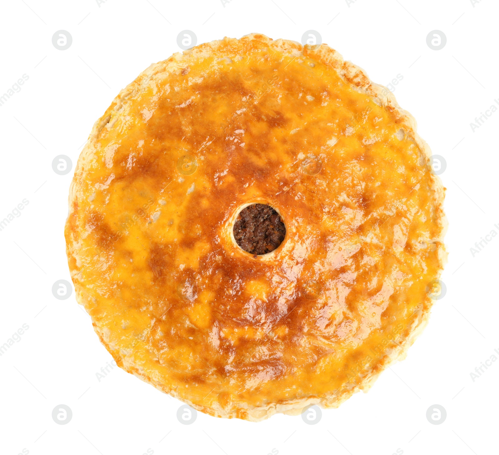 Photo of Delicious pie with minced meat isolated on white, top view