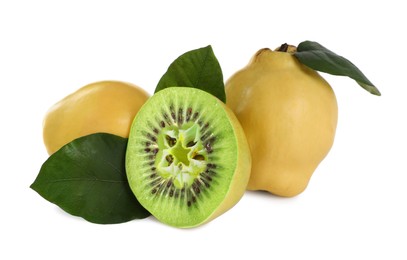 Genetically modified quinces with kiwi on white background
