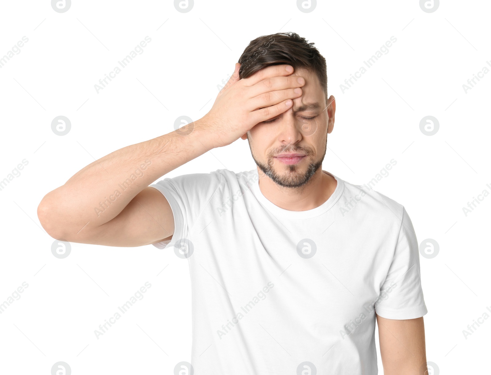 Photo of Man suffering from headache on white background