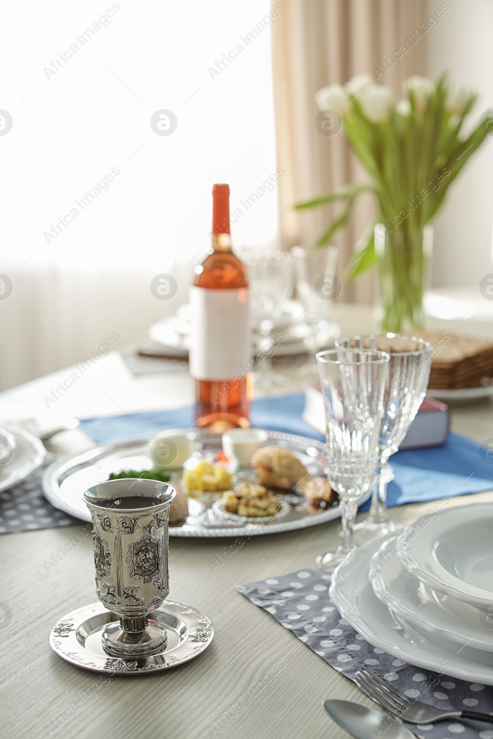 Photo of Table served for Passover (Pesach) Seder indoors