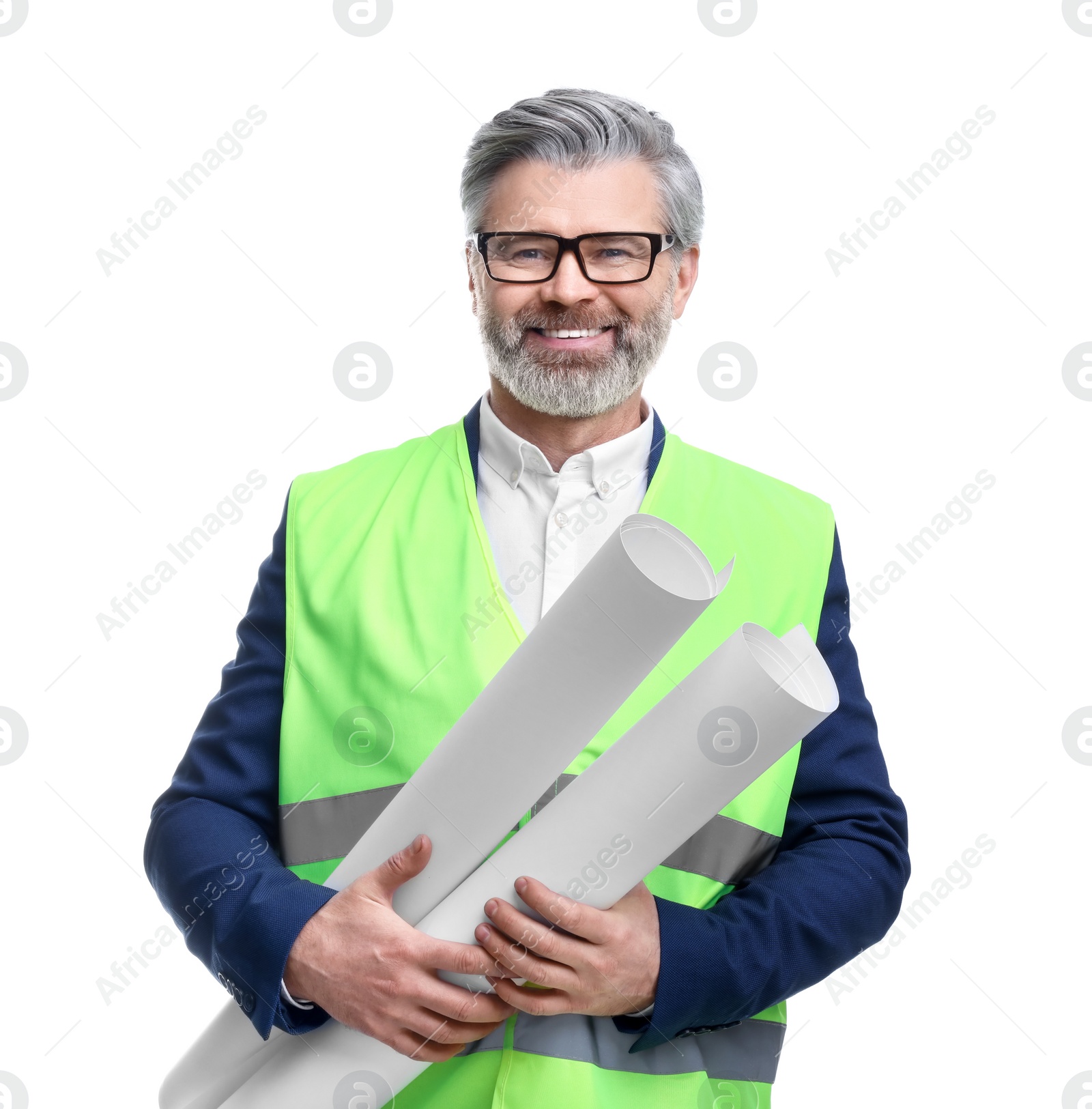 Photo of Architect in glasses holding drafts on white background