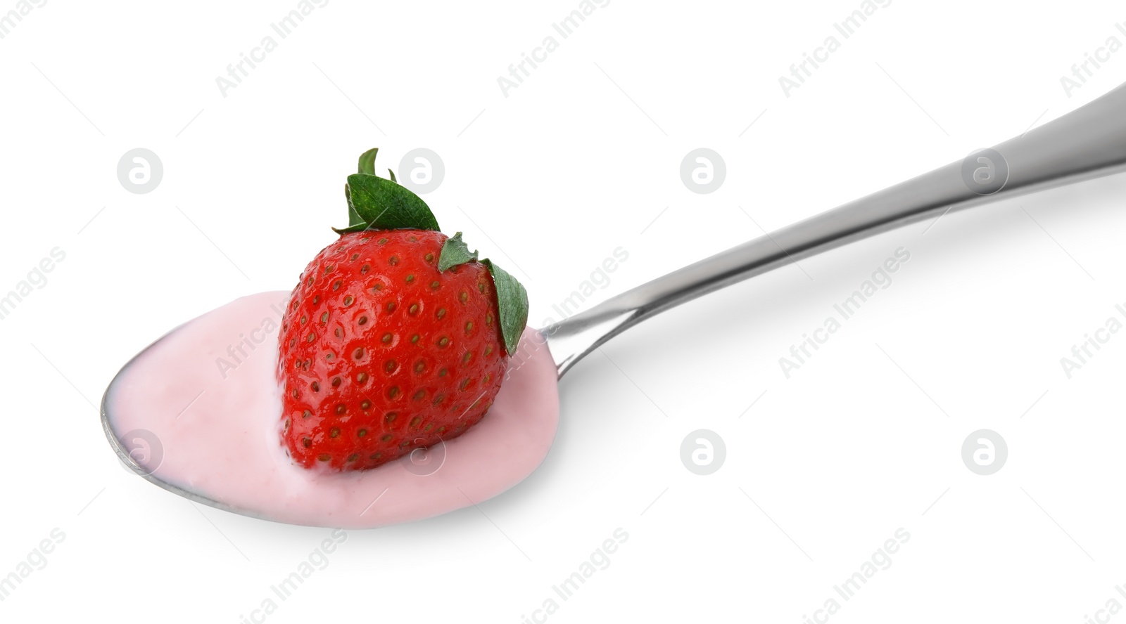 Photo of Spoon with yogurt and strawberry isolated on white