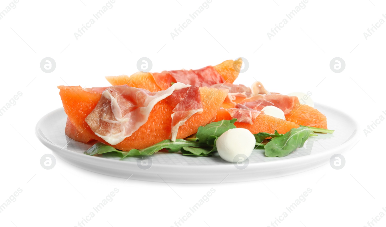 Photo of Fresh melon with prosciutto, mozzarella and arugula on white background