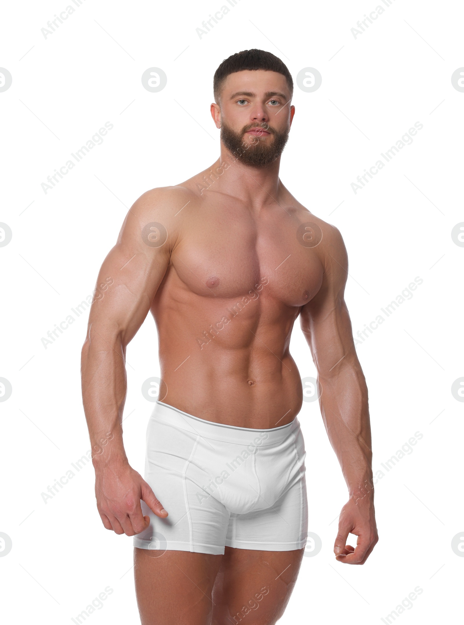 Photo of Young man is stylish underwear on white background