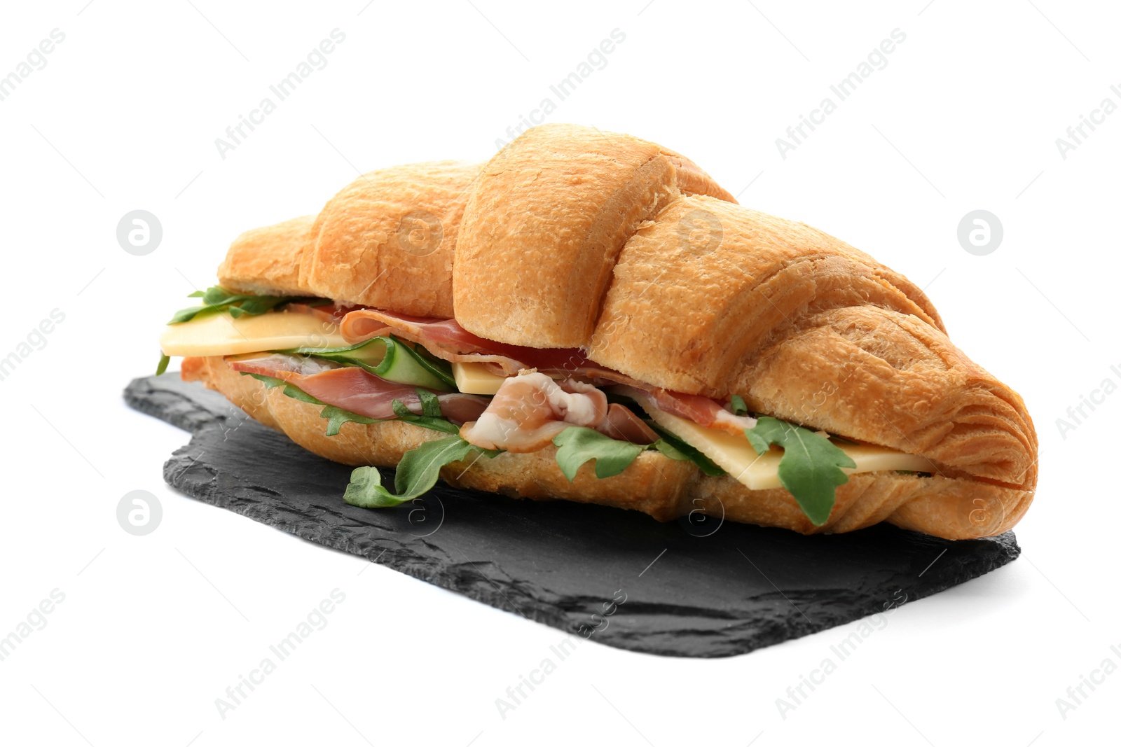 Photo of Tasty croissant sandwich with bacon on white background