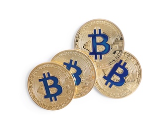 Photo of Bitcoins isolated on white, top view. Digital currency