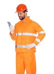 Photo of Man in reflective uniform with smartphone on white background