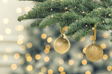 Golden Christmas balls hanging on fir tree against blurred festive lights