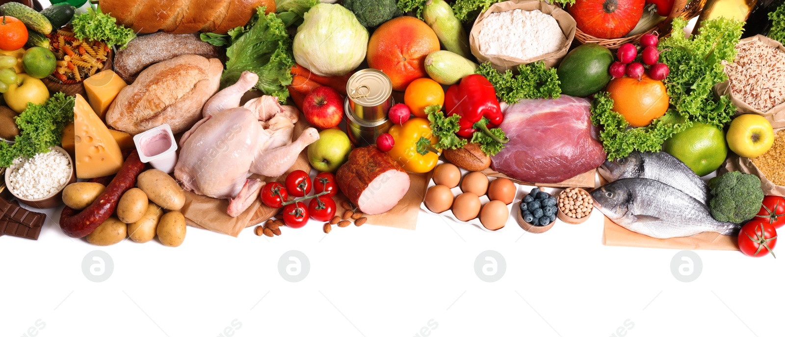 Photo of Different products on white background, above view. Healthy food and balanced diet