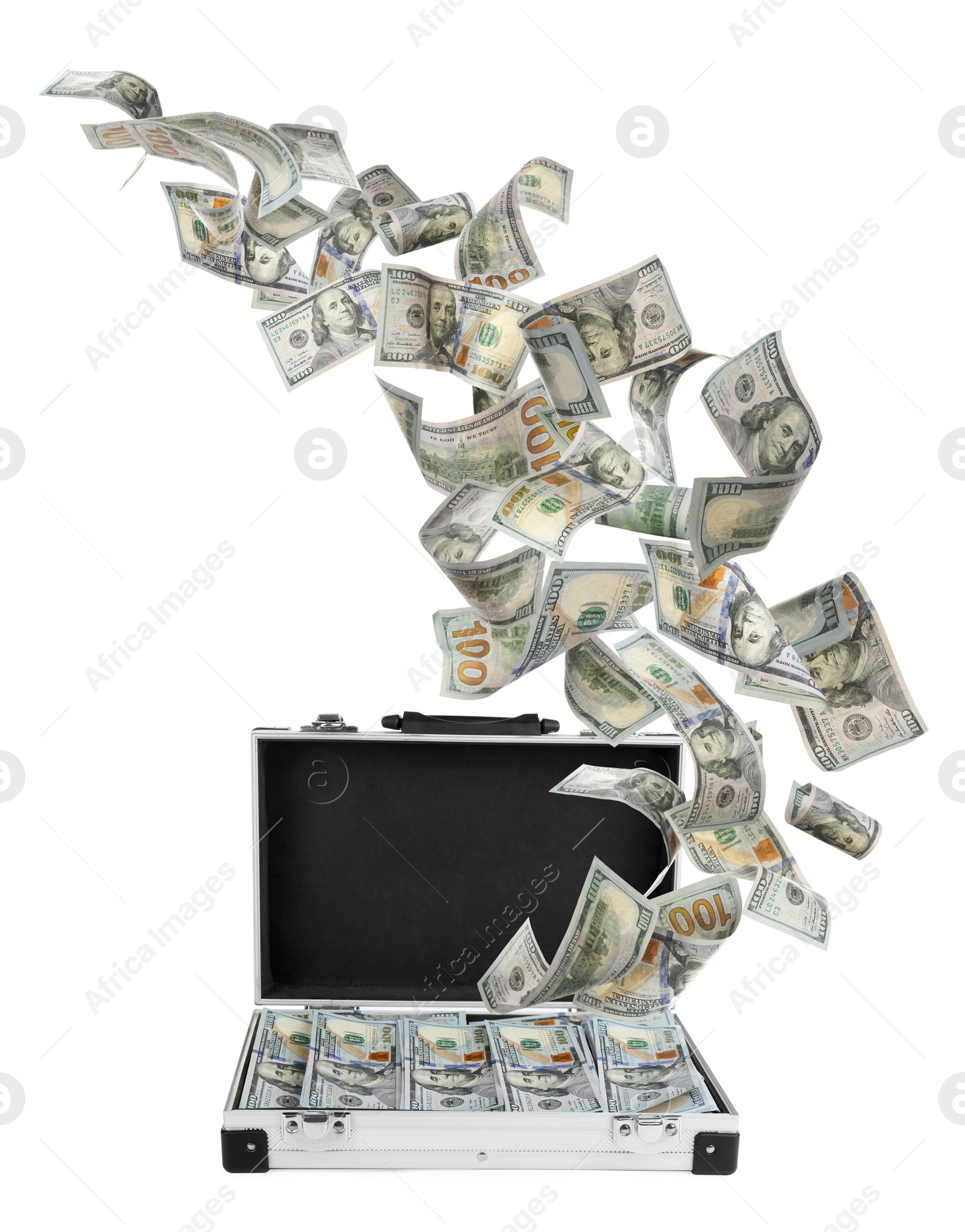 Image of Metal case and American dollars on white background. Flying money