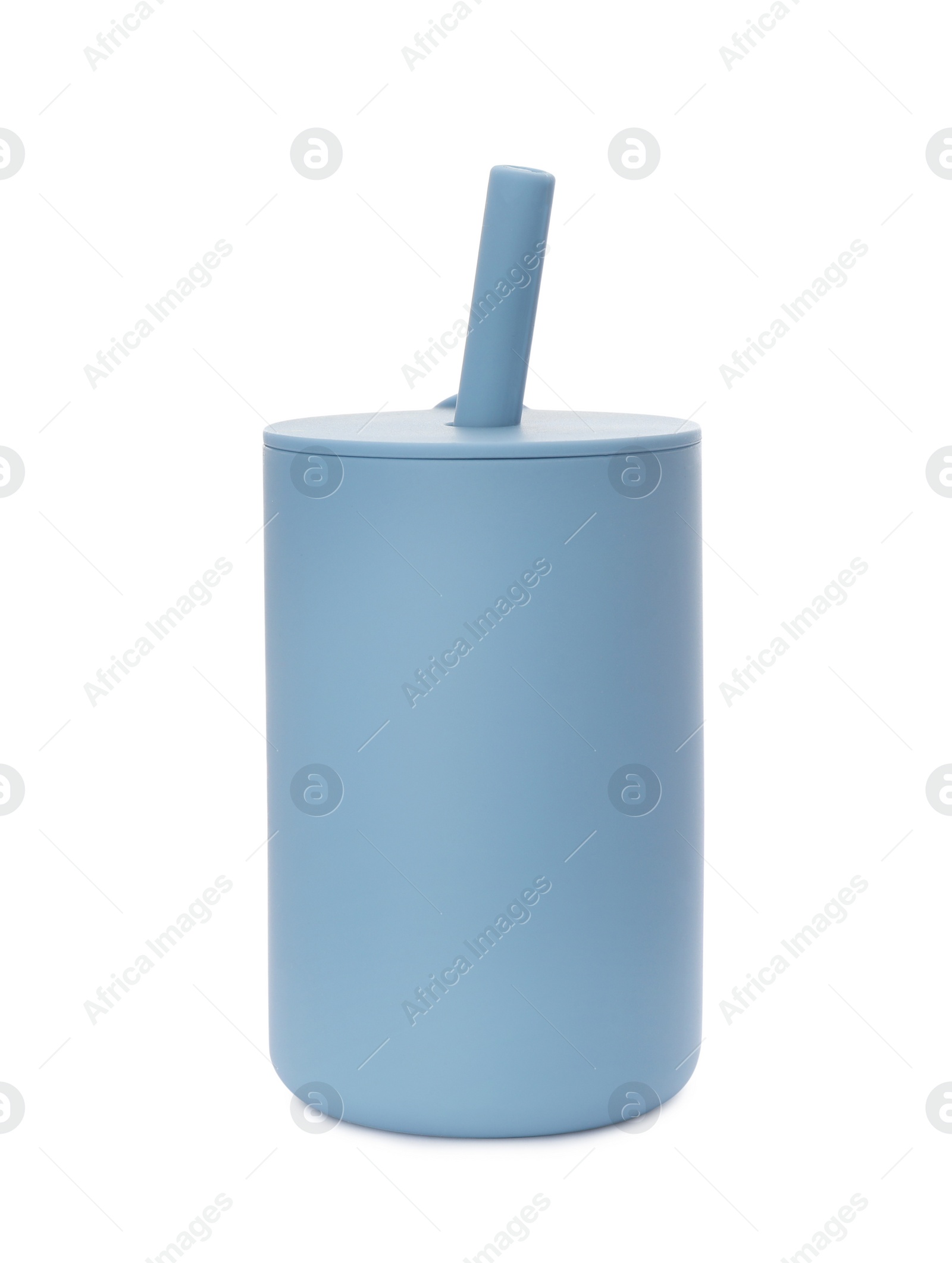 Photo of Plastic baby glass with lid and straw isolated on white