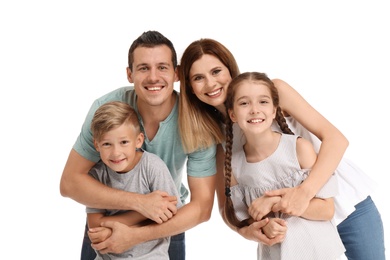 Happy family with children on white background