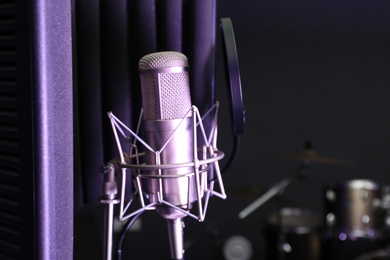 Condenser microphone in modern recording studio. Space for text