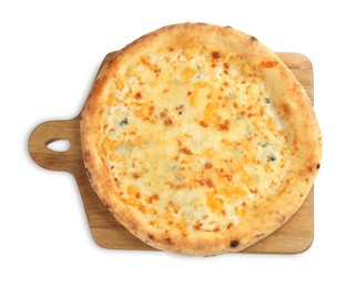 Photo of Delicious cheese pizza isolated on white, top view