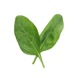 Photo of Fresh green healthy baby spinach leaves isolated on white, top view