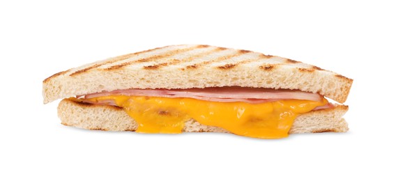 Photo of Delicious grilled sandwich with ham and cheese isolated on white
