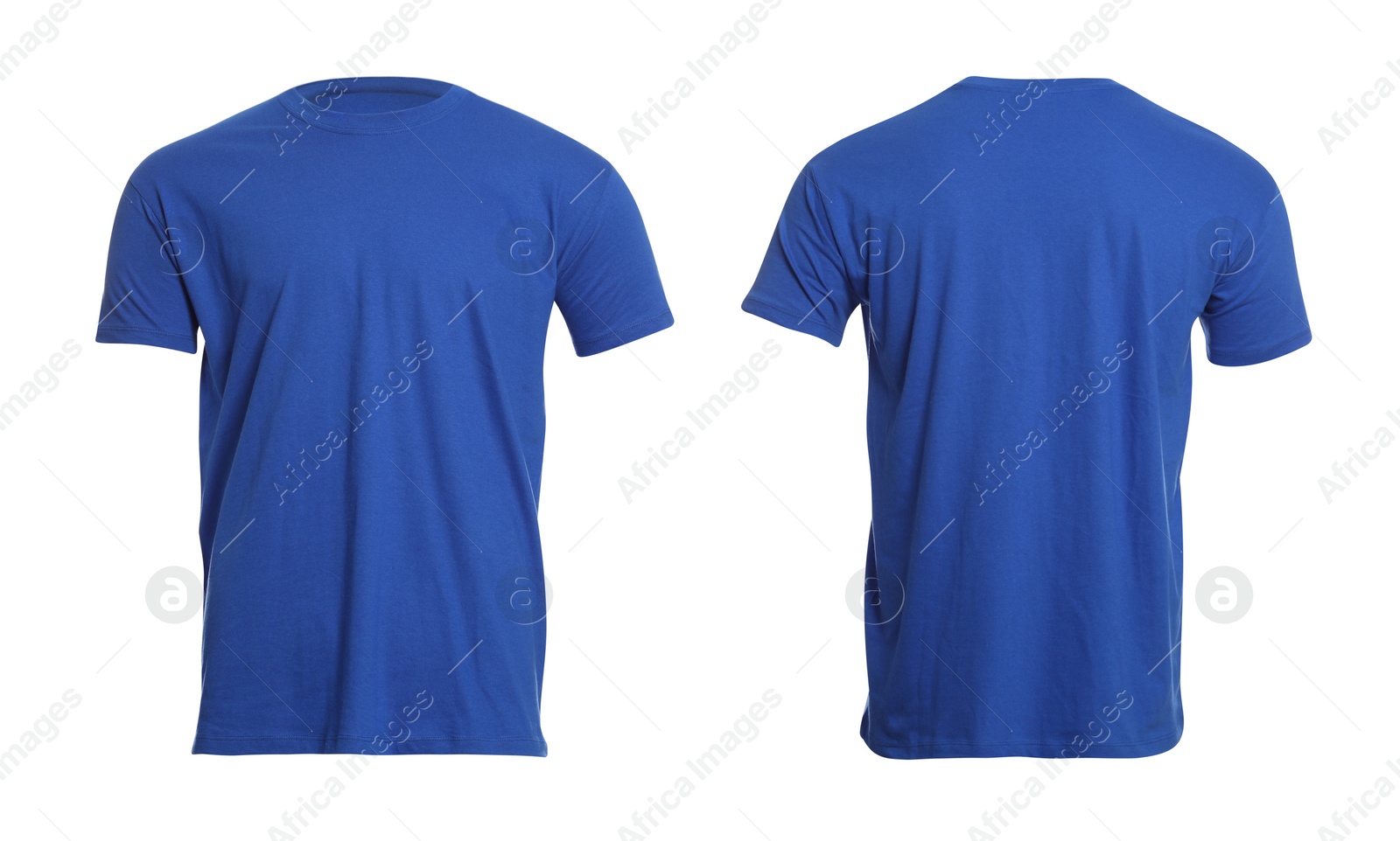 Image of Blue t-shirt with space for design isolated on white. Back and front views