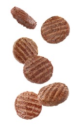 Tasty grilled hamburger patties falling on white background