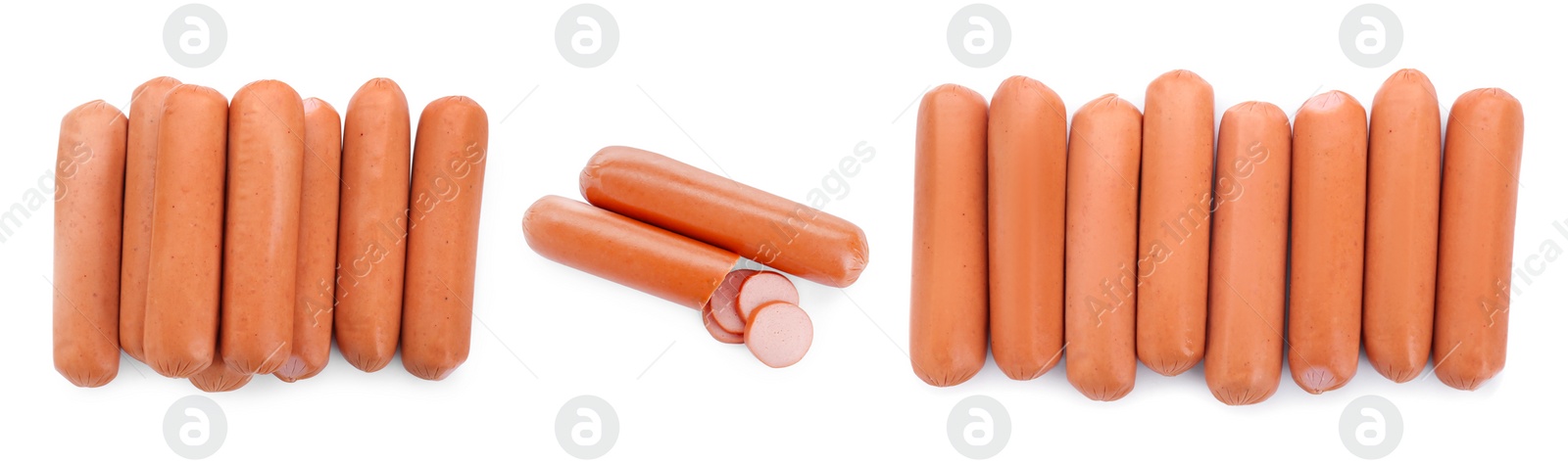 Image of Fresh raw sausages on white background, top view