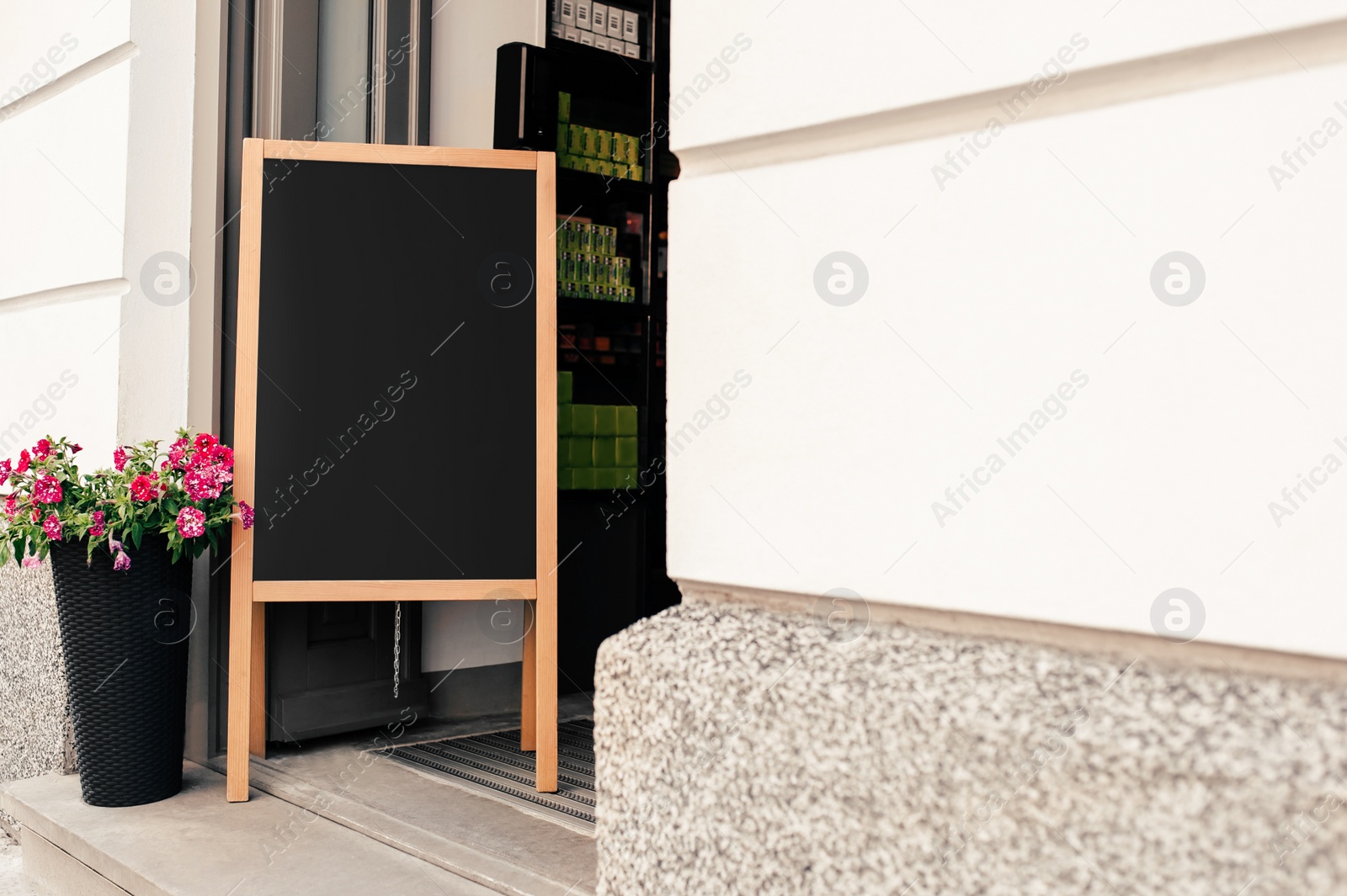 Photo of Blank advertising board and pot with flowers near cafe entrance. Space for design