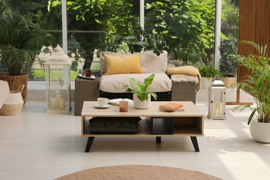 Indoor terrace interior with modern furniture and houseplants