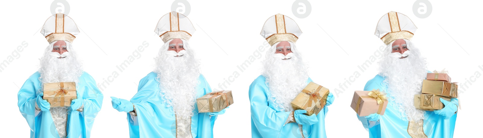 Image of Collage with photos of Saint Nicholas on white background. Banner design