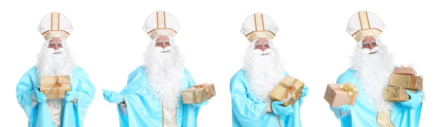 Collage with photos of Saint Nicholas on white background. Banner design