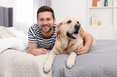 Photo of Man hugging with adorable Labrador Retriever dog on bed at home. Lovely pet