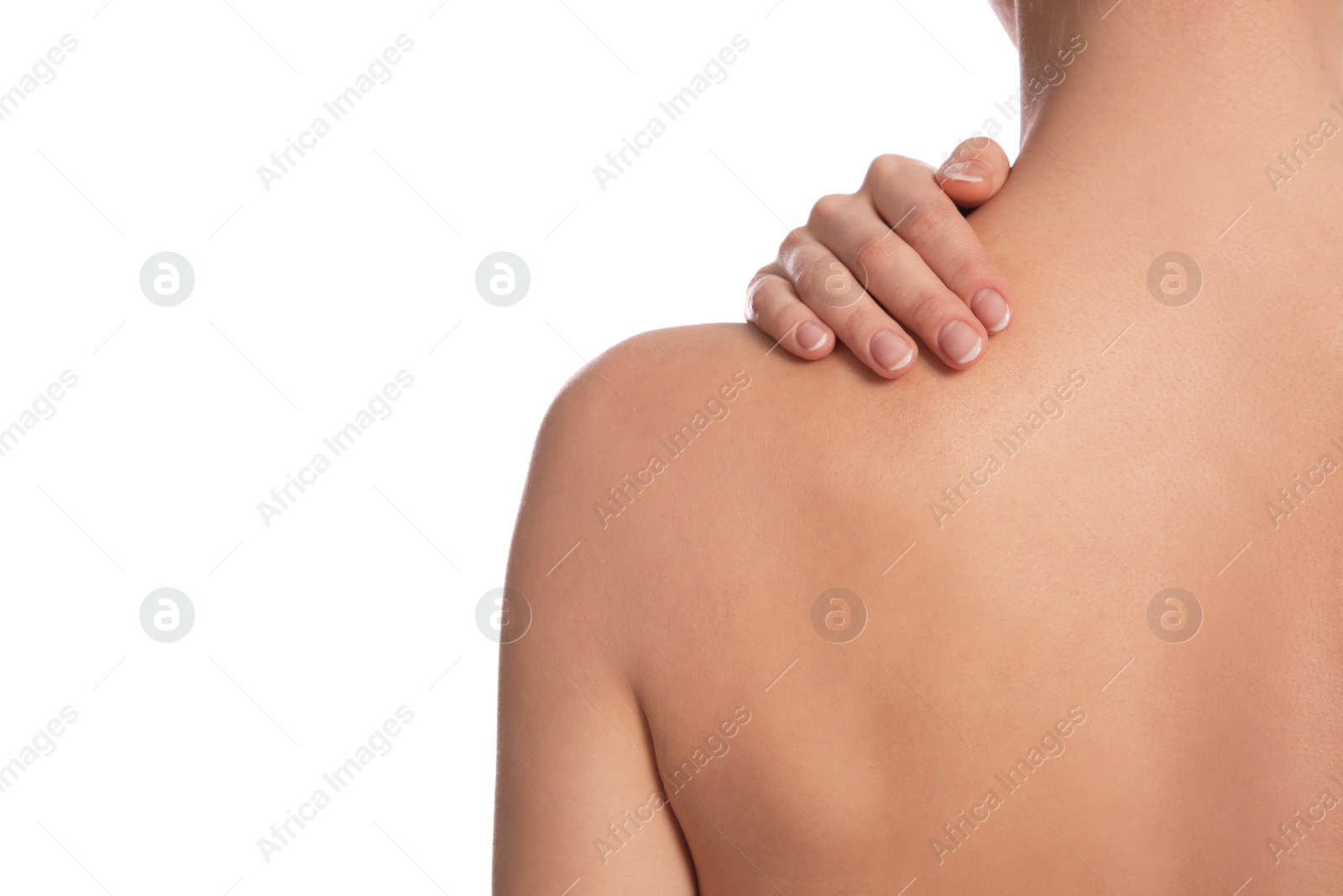 Photo of Back view of woman with perfect smooth skin on white background, closeup. Beauty and body care