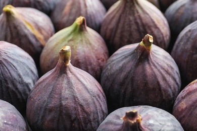 Photo of Many whole fresh purple figs as background, closeup