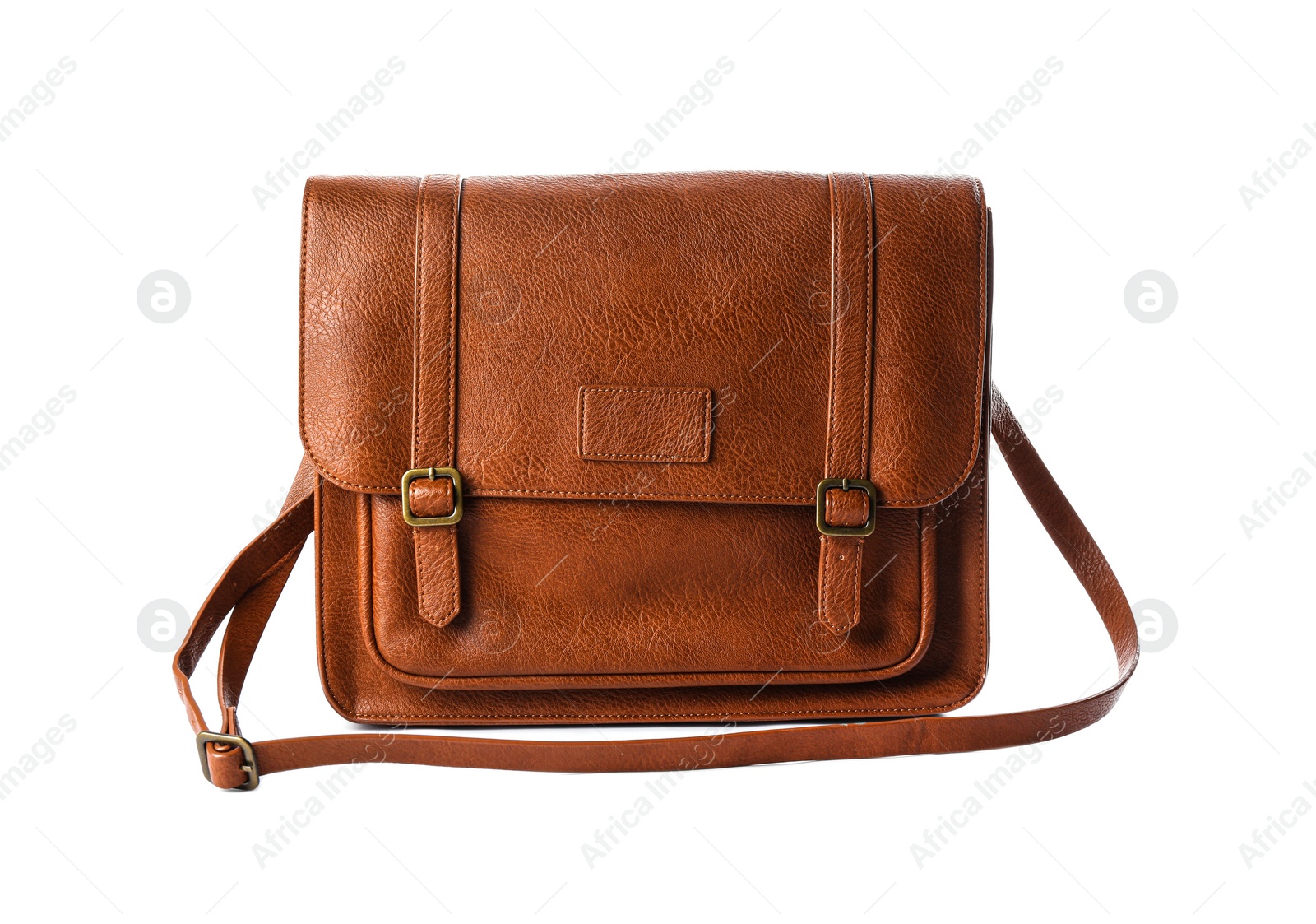 Photo of Stylish brown leather bag isolated on white