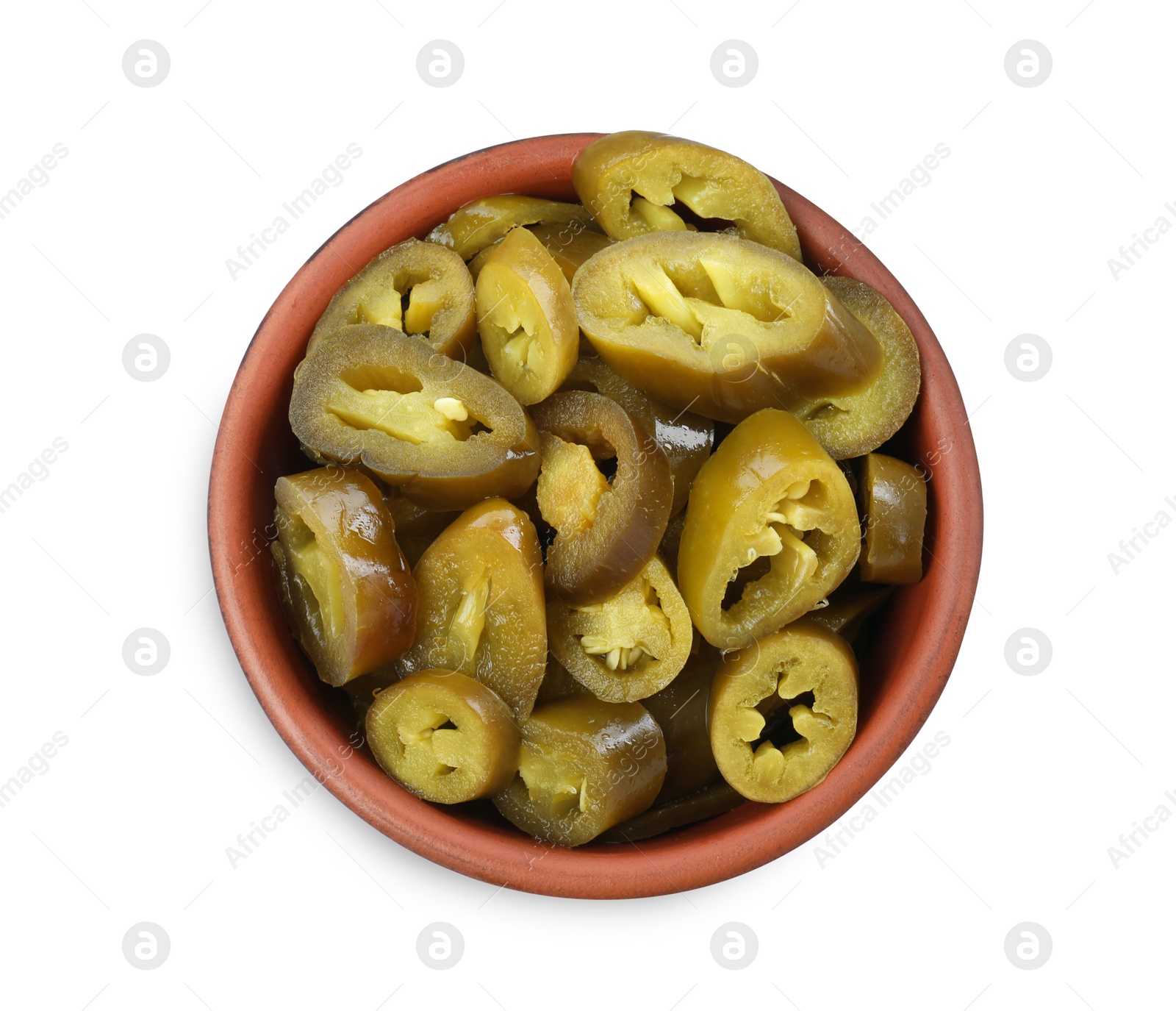 Photo of Slices of pickled green jalapenos in bowl isolated on white, top view