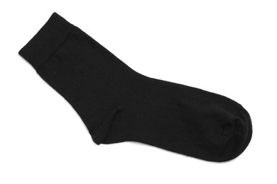 Photo of New black sock isolated on white, top view