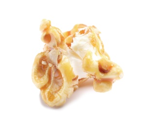 Photo of Delicious caramel popcorn on white background