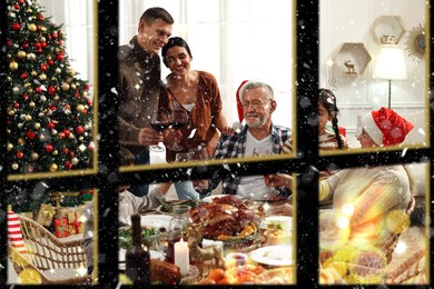 Image of Happy family enjoying festive dinner indoors, view through window. Christmas celebration