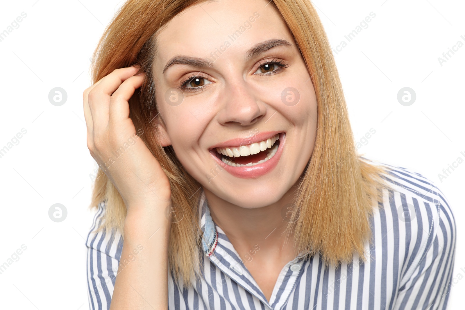 Photo of Portrait of woman with beautiful face on white background