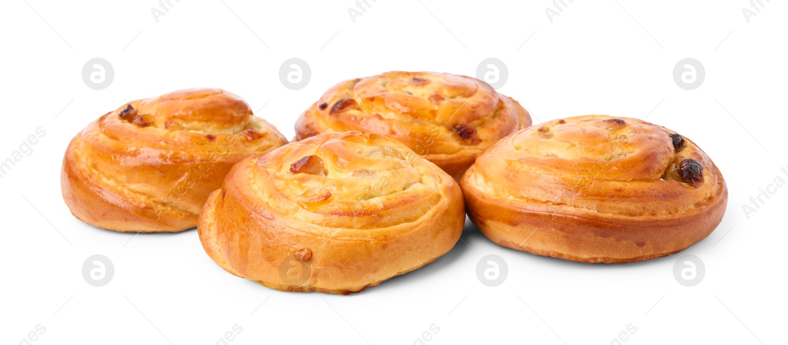 Photo of Delicious rolls with raisins isolated on white. Sweet buns