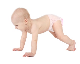 Cute little baby crawling on white background