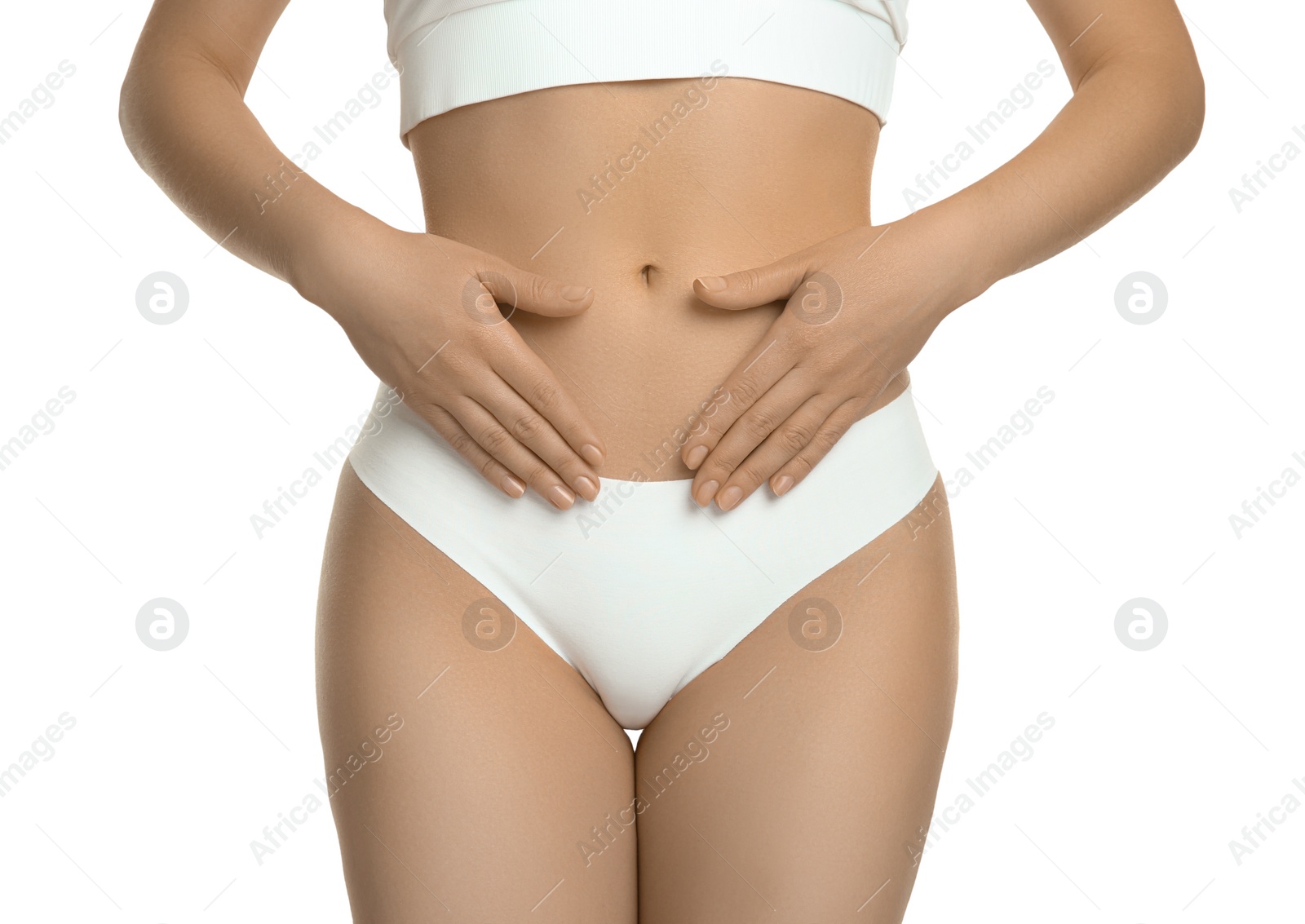 Photo of Gynecology. Woman in underwear on white background, closeup