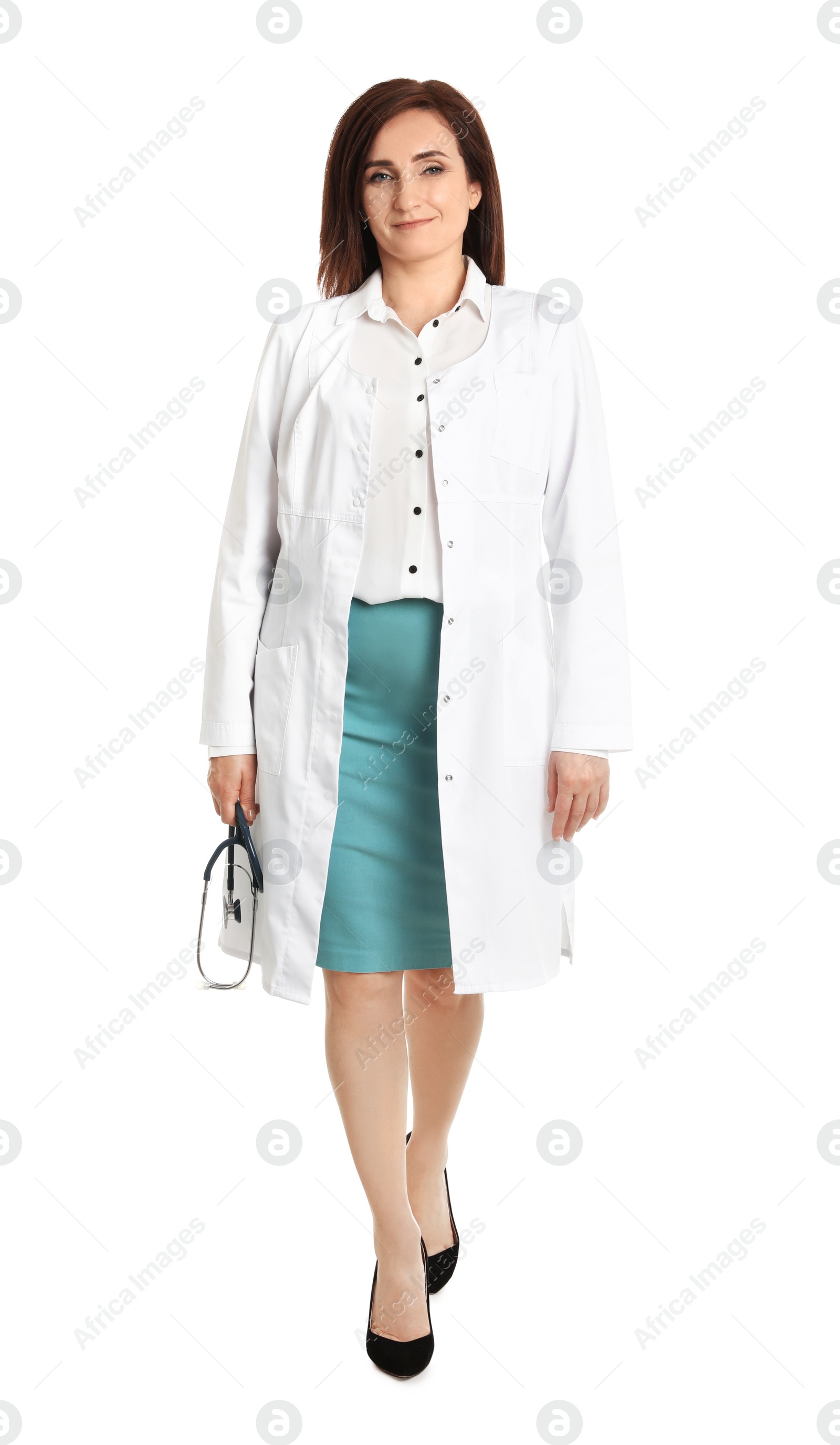 Photo of Full length portrait of female doctor isolated on white. Medical staff