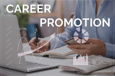 Image of Career promotion. Woman working with laptop at table, closeup