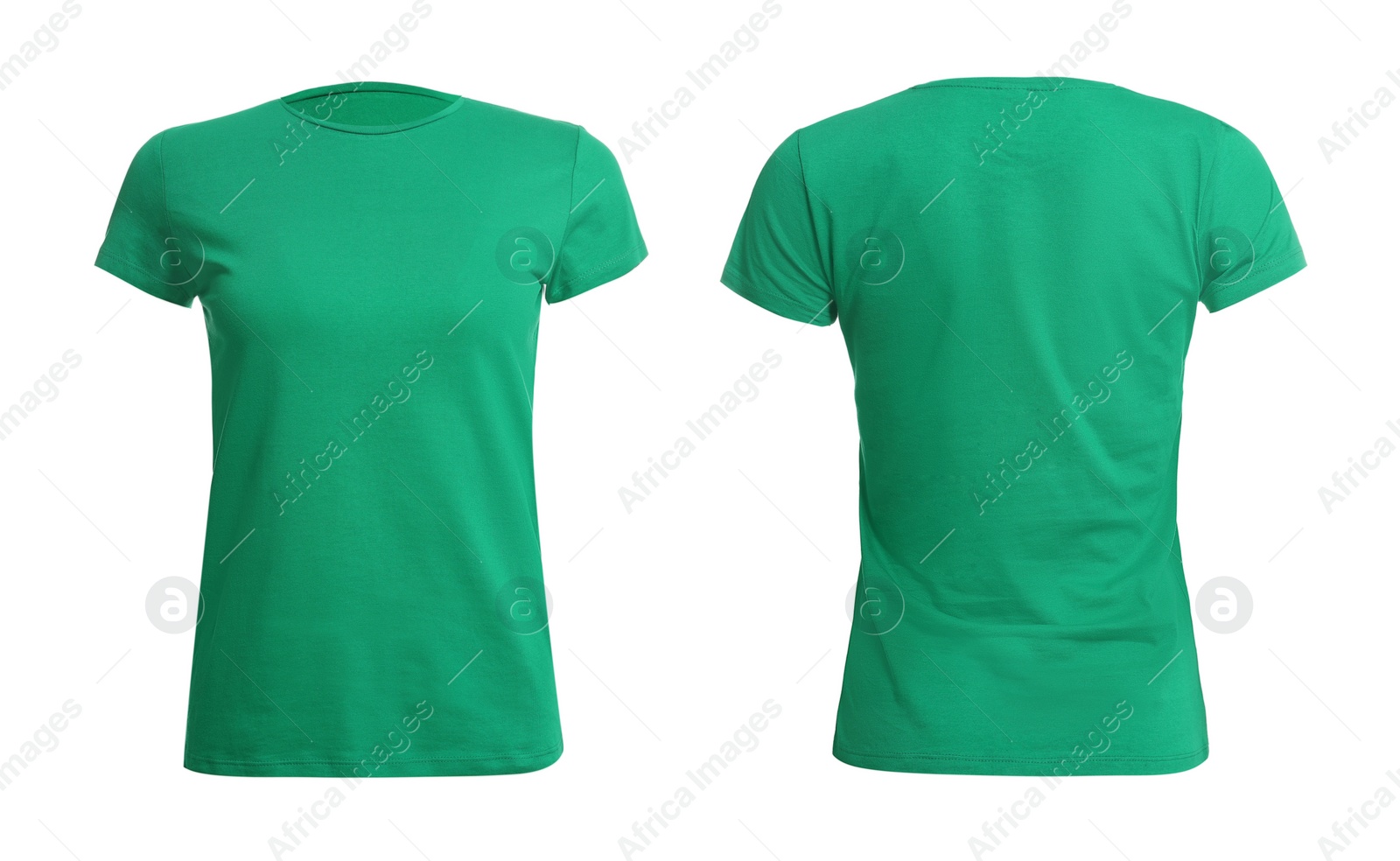 Image of Green t-shirt with space for design isolated on white. Back and front views