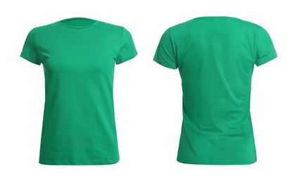 Image of Green t-shirt with space for design isolated on white. Back and front views