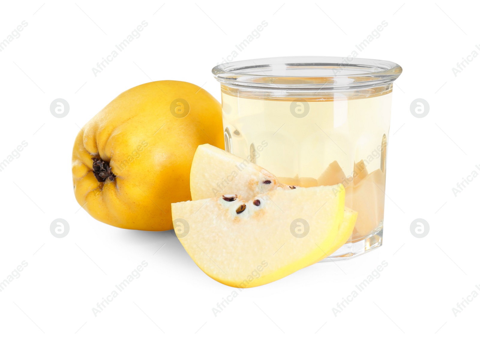 Photo of Delicious quince drink in glass and fresh fruits isolated on white