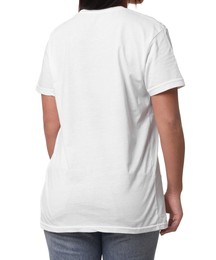 Photo of Woman wearing stylish t-shirt on white background, closeup