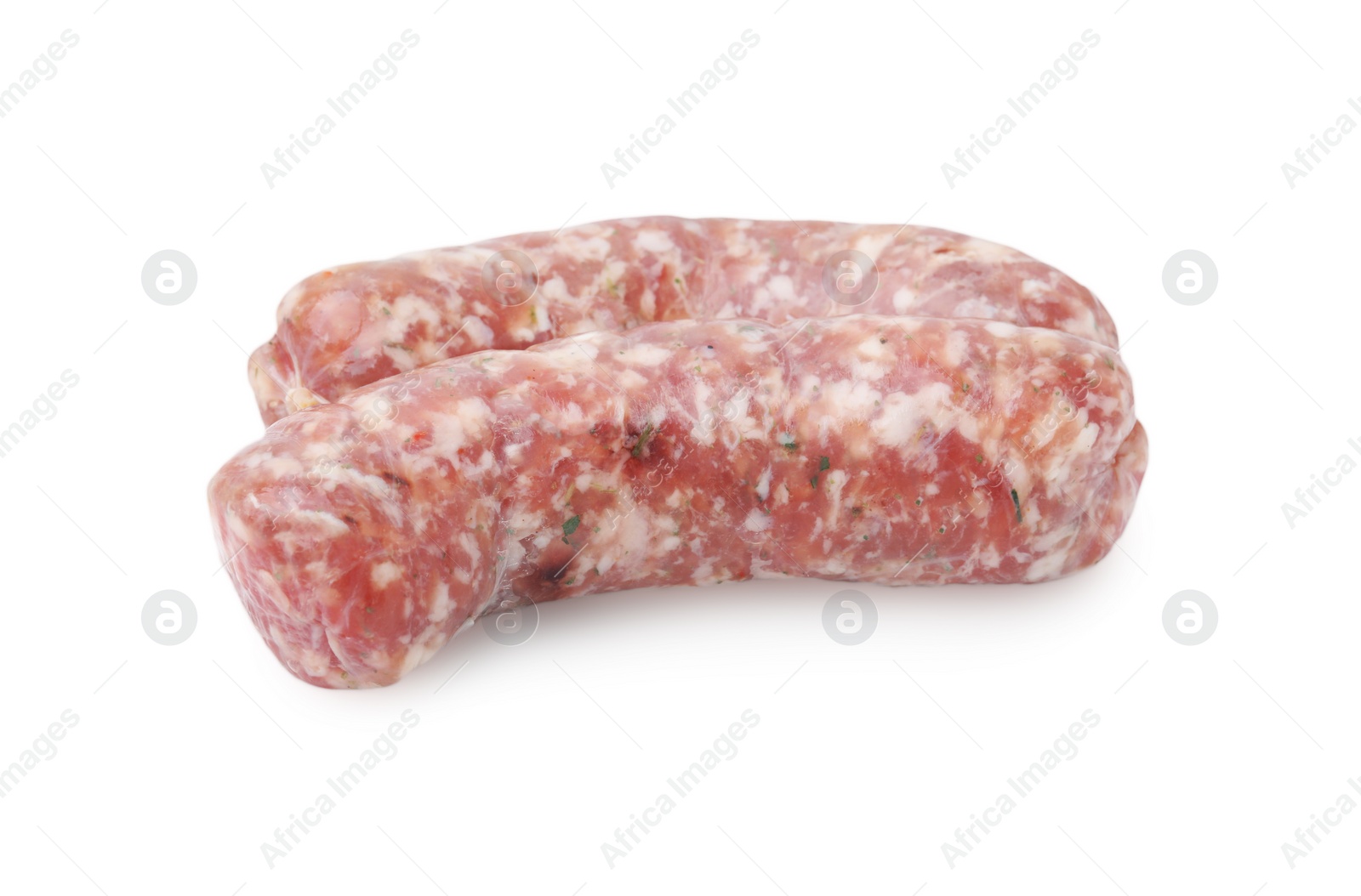 Photo of Two raw homemade sausages isolated on white
