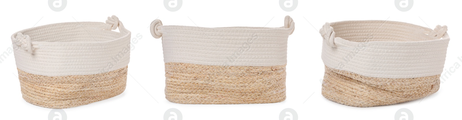 Image of Wicker laundry basket on white background, view from different sides. Banner design